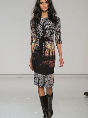 TRACY REESE Fall 2014 Runway Winter Landscape Forest Print Sheath Dress Size 8